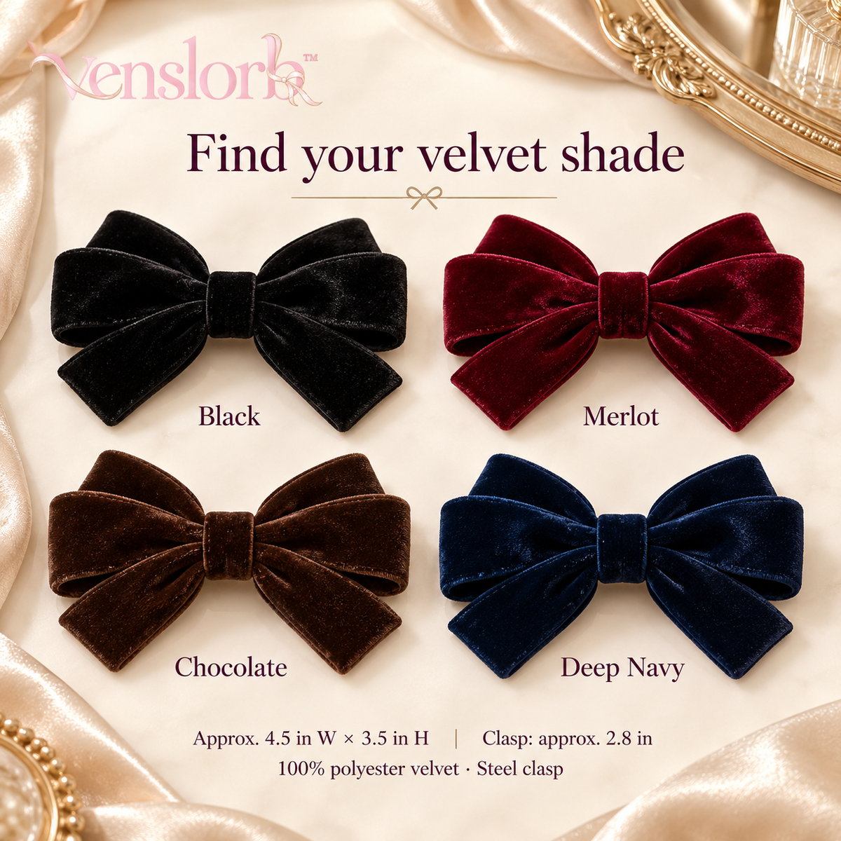 venslorb™ Velvet Poise Bow Barrette, 4.5-Inch Adult Velvet Hair Bow with French-Style Clasp for Half-Up Hairstyles