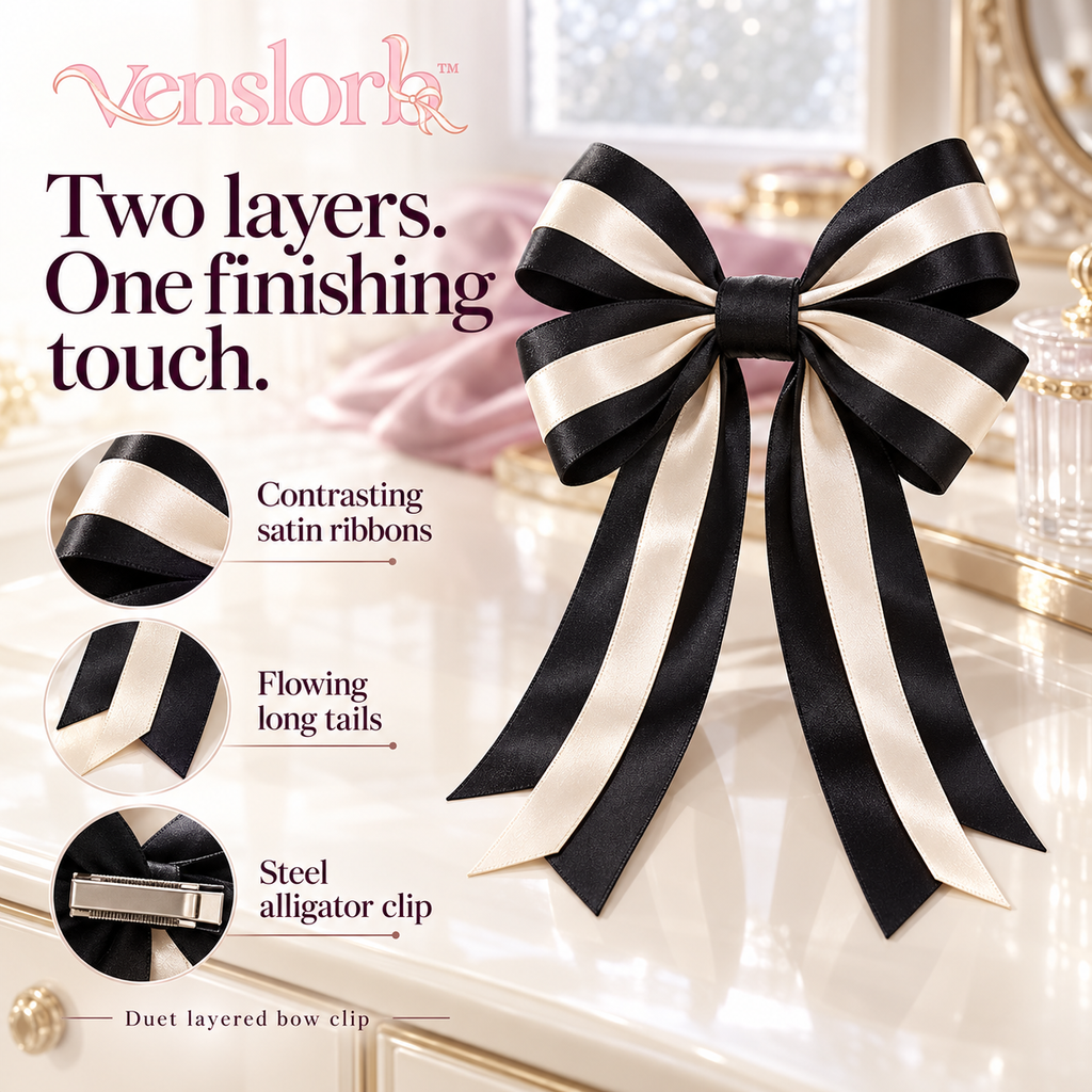 venslorb™ Duet Layered Satin Bow Hair Clip, Adult Double-Ribbon Barrette with Long Tails for Dressy & Everyday Hairstyles