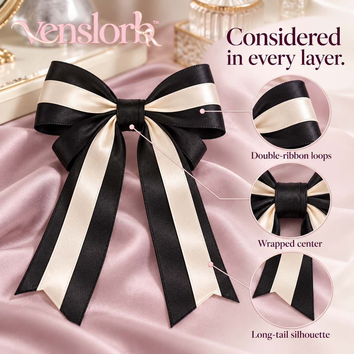 venslorb™ Duet Layered Satin Bow Hair Clip, Adult Double-Ribbon Barrette with Long Tails for Dressy & Everyday Hairstyles
