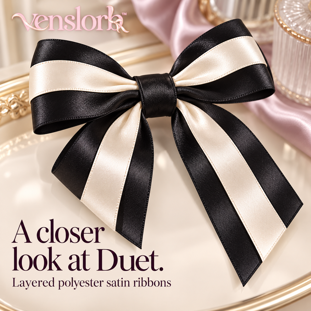 venslorb™ Duet Layered Satin Bow Hair Clip, Adult Double-Ribbon Barrette with Long Tails for Dressy & Everyday Hairstyles