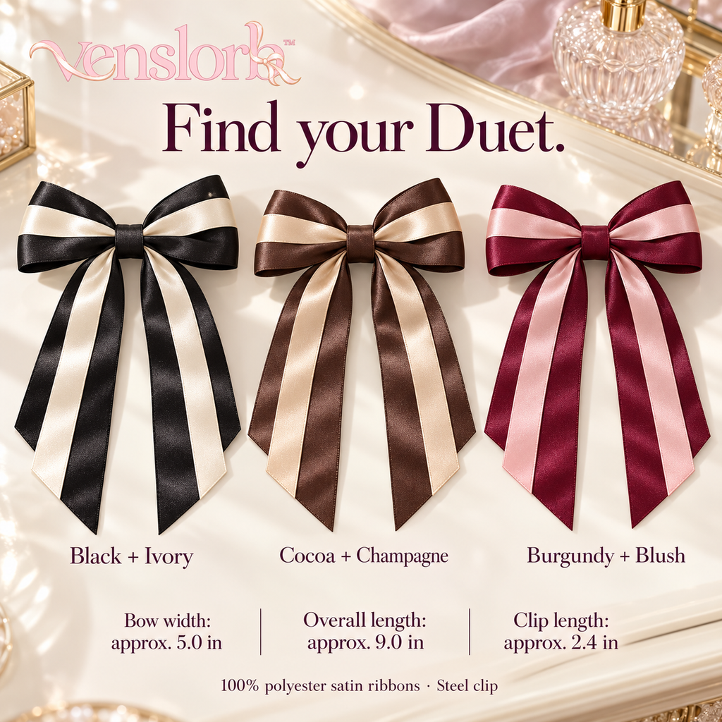 venslorb™ Duet Layered Satin Bow Hair Clip, Adult Double-Ribbon Barrette with Long Tails for Dressy & Everyday Hairstyles