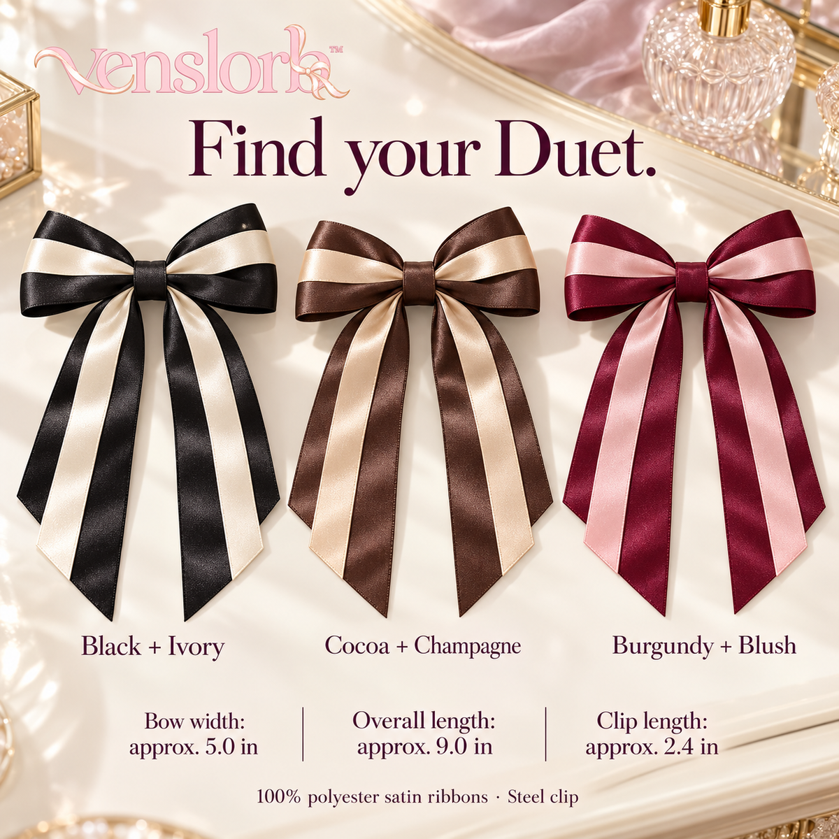 venslorb™ Duet Layered Satin Bow Hair Clip, Adult Double-Ribbon Barrette with Long Tails for Dressy & Everyday Hairstyles